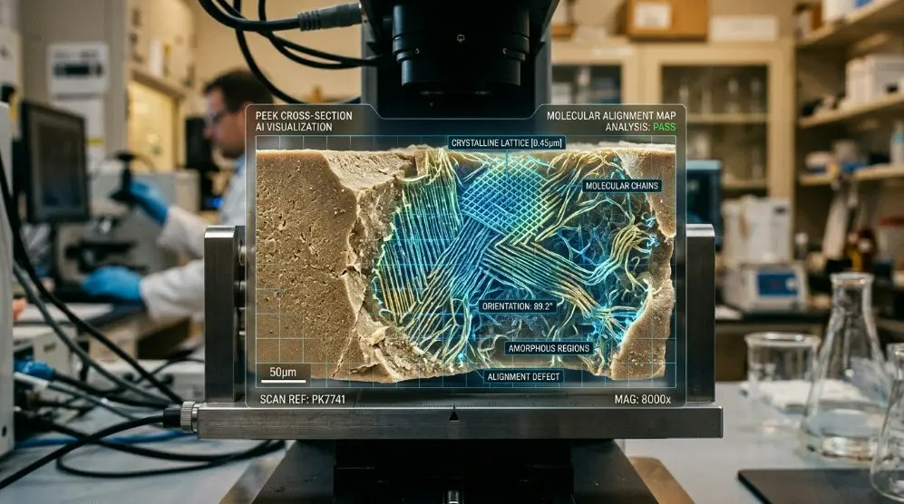 Scientific diagram showing polymer chain alignment in PEEK material under AI-driven quality control